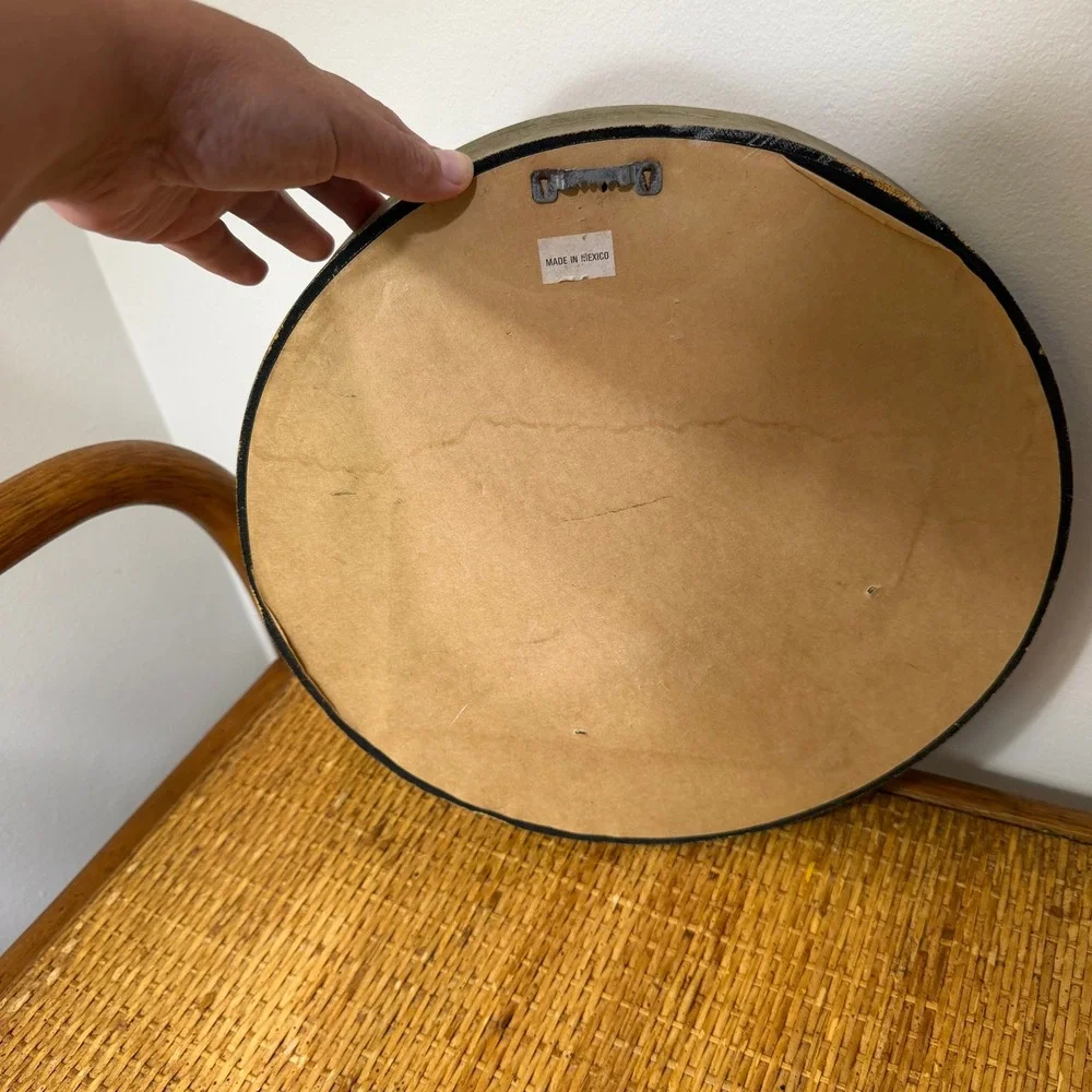 Vintage Sunburst Wall Mirror Cream Gold Ribbed Beaded Round Made in Mexico